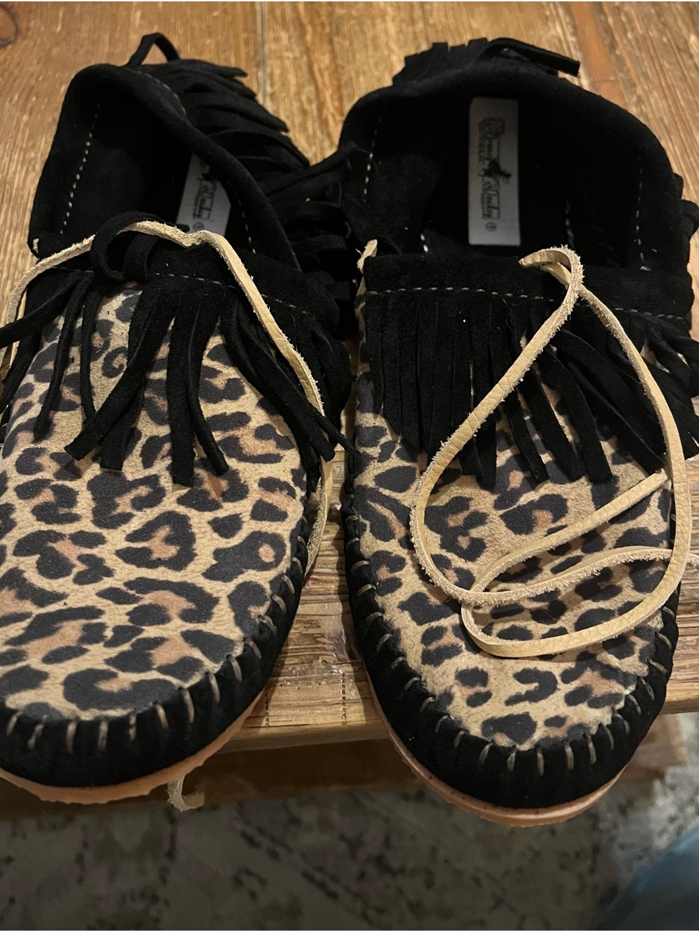 Leopard Print Fringe Moccasins with Black Suede Trim